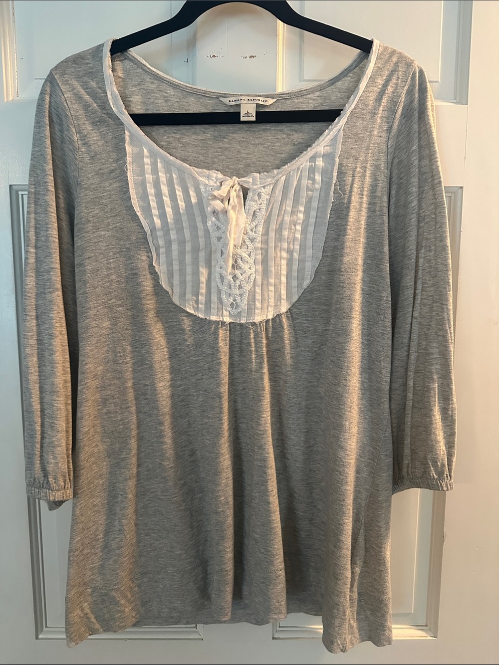 Banana Republic Gray Tunic with White Lace Bib Detail